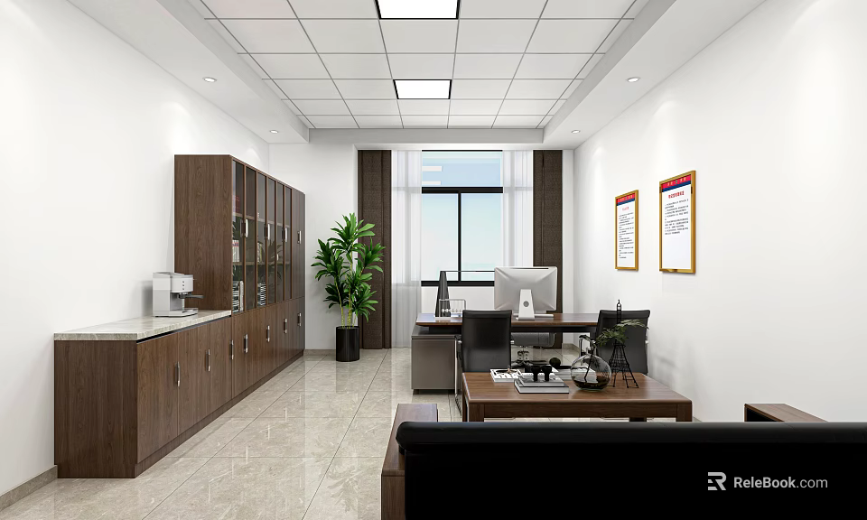 Public Office Space With White Walls Ceiling Lights Wooden Cabinets And Potted Plant 3d model 