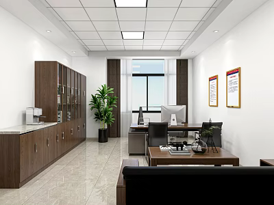 Public Office Space With White Walls Ceiling Lights Wooden Cabinets And Potted Plant 3d model