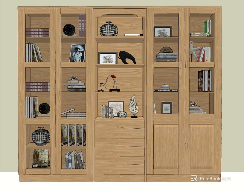 Wooden Bookcase With Multiple Compartments Books Photo Frames And Decorative Items 3d model