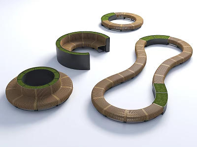 Modern Wooden Landscape Seats With Circular Curved Snake Shapes And Green Turf 3d model