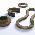 Modern Wooden Landscape Seats With Circular Curved Snake Shapes And Green Turf
