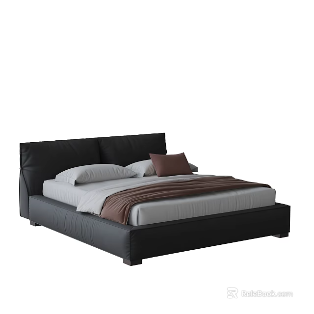 Modern Black Leather Double Bed With White Pillows Brown Cushion And Blanket 3d model 