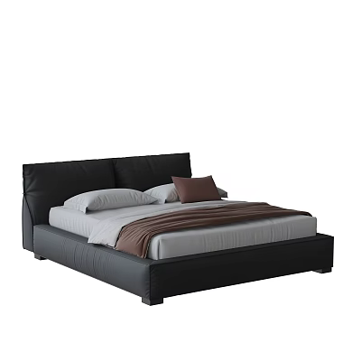 Modern Black Leather Double Bed With White Pillows Brown Cushion And Blanket 3d model