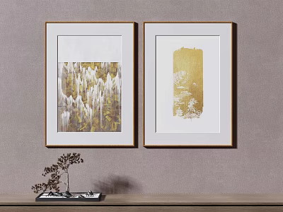 Two Gold Framed Wall Artworks With White Background And Decorative Plant On Shelf 3d model