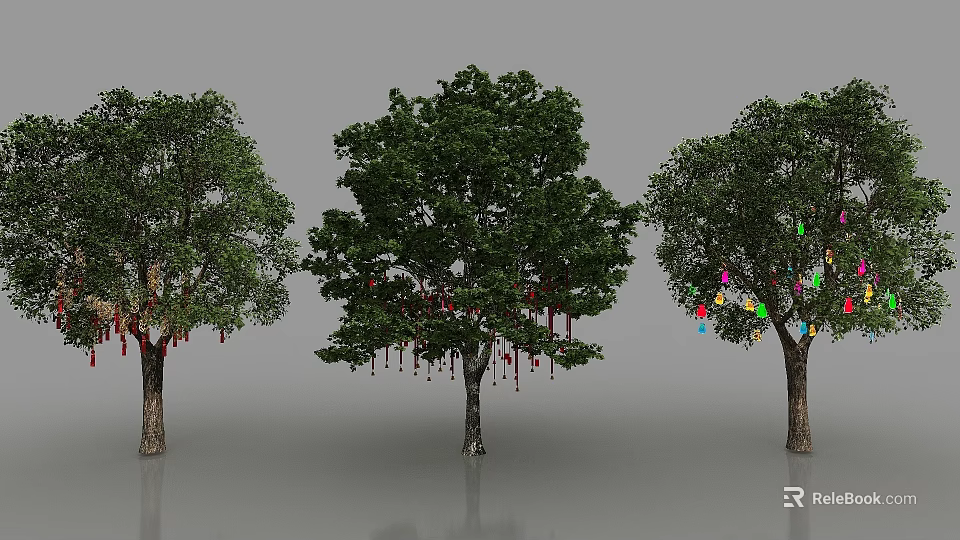 Three Trees With Green Leaves And Colorful Hanging Ornaments On Trunks 3d model 