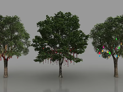 Three Trees With Green Leaves And Colorful Hanging Ornaments On Trunks 3d model