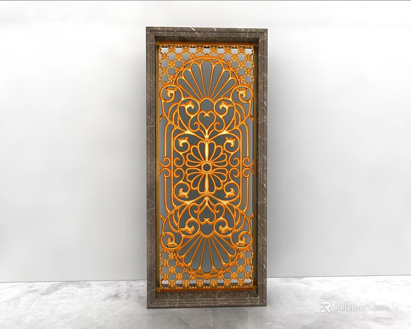 Elegant Decorative Room Divider With Intricate Golden Patterns And Marble Frame 3d model 