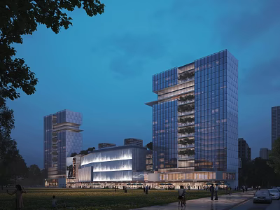 Modern Commercial Complex Night View With Glass Facade And Urban Pedestrian Spaces 3d model