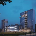 Modern Commercial Complex Night View With Glass Facade And Urban Pedestrian Spaces