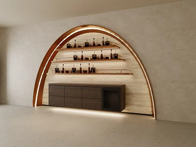 Hotel Lobby Interior With Arched Display Shelf Bottles Dark Cabinet And Lighting 3d model