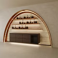 Hotel Lobby Interior With Arched Display Shelf Bottles Dark Cabinet And Lighting