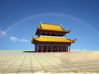 Ancient Chinese Architecture With Yellow Roof And Rainbow Under Blue Sky Stone Pavement Square 3d model