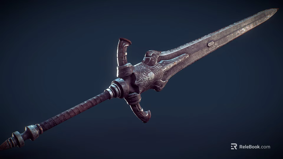 Ornate Medieval Sword With Carved Hilt And Intricate Metal Blade Design 3d model 