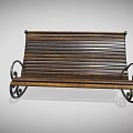 Outdoor Bench with Brown Wooden Slats and Black Curved Metal Scroll Legs