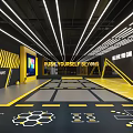 Modern Fitness Center With Yellow Black Design Neon Lights Motivational Signs And Exercise Floor Patterns