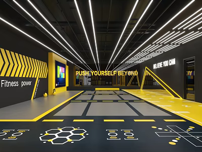 Modern Fitness Center With Yellow Black Design Neon Lights Motivational Signs And Exercise Floor Patterns 3d model