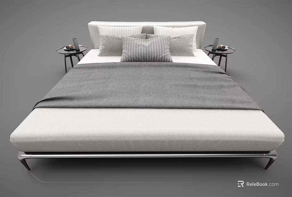 Modern Double Bed Interior With White Pillows Gray Blanket And Side Tables 3d model