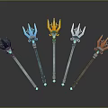Different Colored Magic Staffs With Claw Shaped Heads And Glowing Green Tips