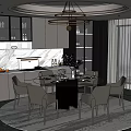 Modern Restaurant Interior With Round Dining Table Gray Chairs Open Kitchen And Marble Counter 3d model