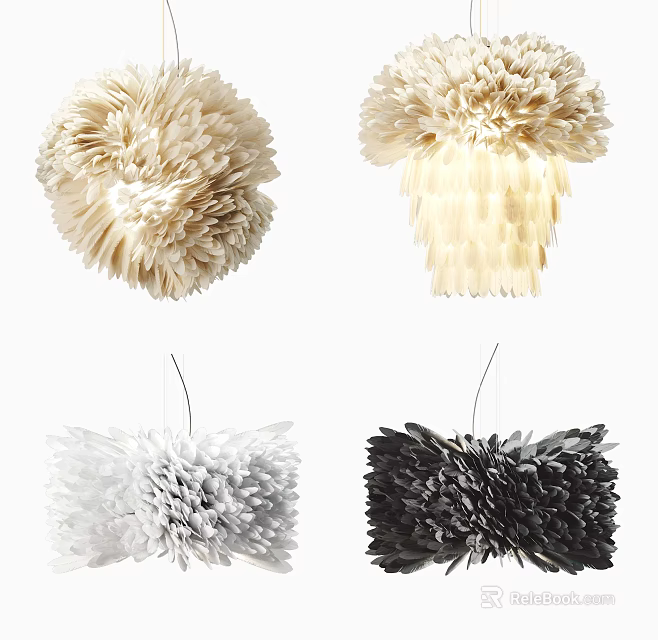 Modern Fluffy Chandelier Designs with Beige White Black and Artistic Feather Like Shades 3d model 