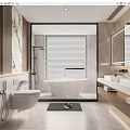 Modern Bathroom Interior Design With Bathtub Double Sinks Marble Countertops And Window Blinds