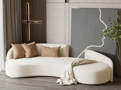 Cream Curved Sectional Sofa With Brown Cushions Light Blanket Gray Wall Green Plant 3d model