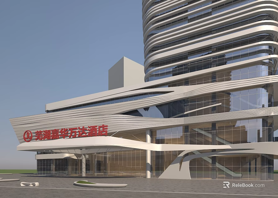 Modern Architectural Facade With Glass Curtain Wall And Curved Design Elements 3d model 