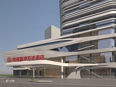 Modern Architectural Facade With Glass Curtain Wall And Curved Design Elements 3d model