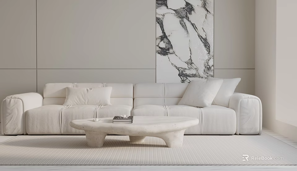 White Three Seater Sofa With Pillows Coffee Table And Marble Wall Art 3d model 