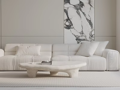 White Three Seater Sofa With Pillows Coffee Table And Marble Wall Art 3d model