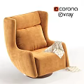 Modern Orange Curved Accent Chair with Metal Base and White Knitted Blanket