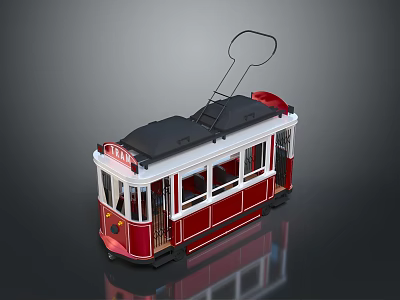 Vintage Red Tram With Classic Design Overhead Wire And White Windows 3d model