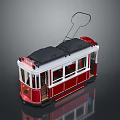 Vintage Red Tram With Classic Design Overhead Wire And White Windows
