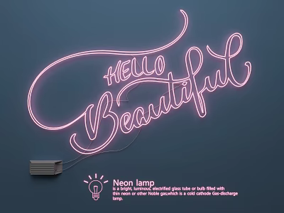 Stylish Neon Lamp With Pink Light Hello Beautiful Text On Deep Blue Wall 3d model