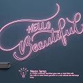 Stylish Neon Lamp With Pink Light Hello Beautiful Text On Deep Blue Wall