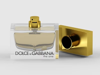 Elegant Display Shelf Showcasing Dolce Gabbana The One Perfume With Transparent Bottle And Gold Accents 3d model
