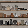 Rustic Ceramic Decorative Vases Jars And Pots On Wooden Shelves Collection