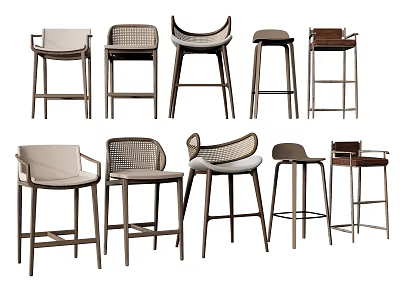 Bar Stools With Various Designs Wooden Frame And Woven Seat Backrest 3d model
