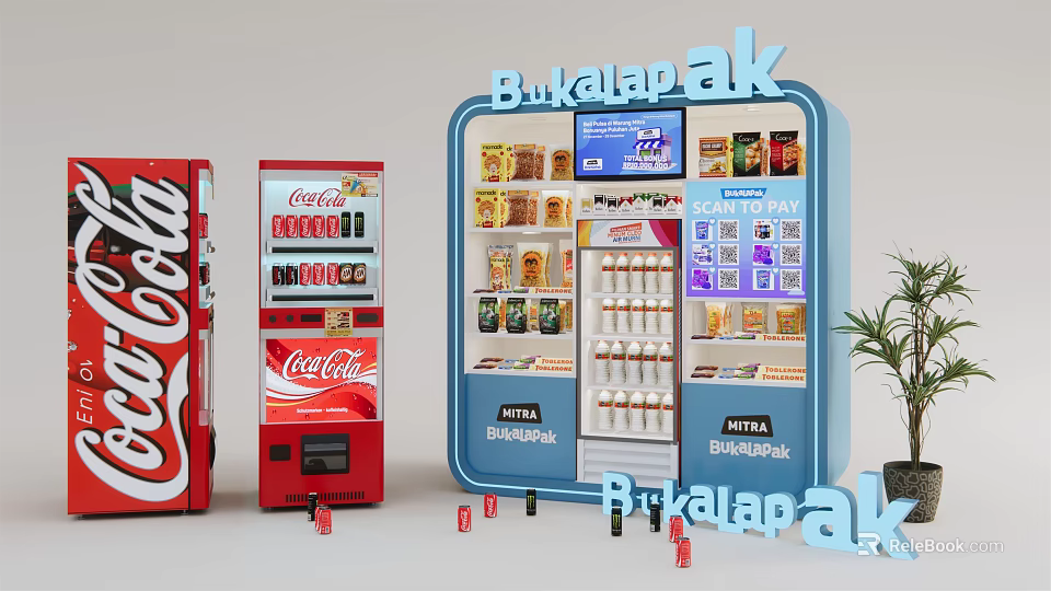 Bukalapak and Coca Cola Commercial Vending Machines Stocked with Snacks and Drinks 3d model 