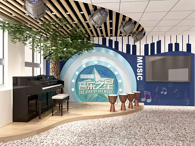 Music Themed Leisure Area With Piano Drums Green Plant And Music Decor 3d model