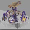 Colorful Amusement Ride with DODONPA Sign Blue and Purple Design Spinning Seats and White Railings