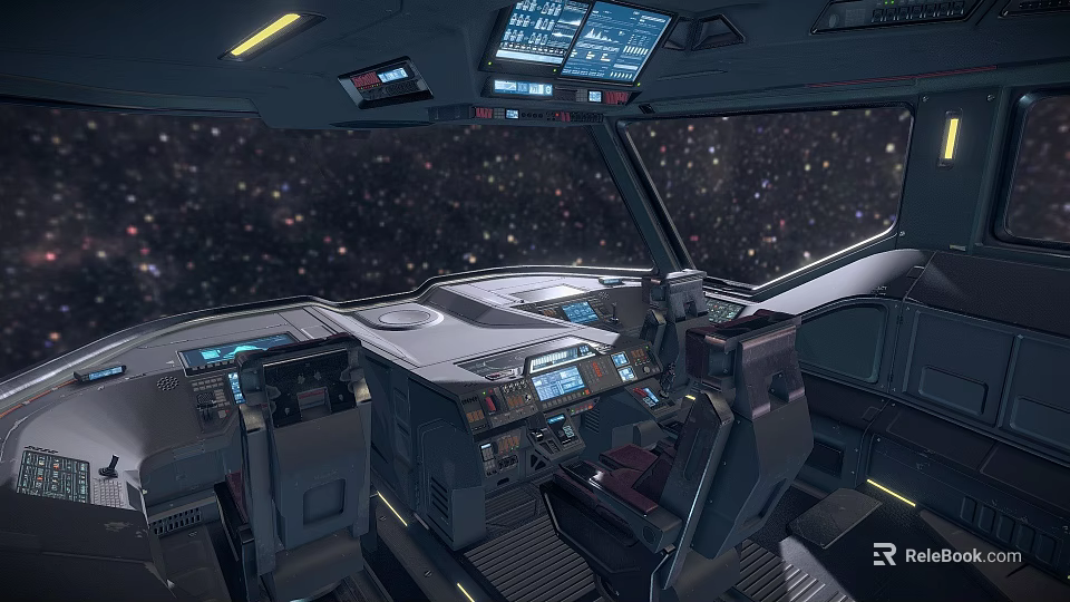 Game and Movie Characters in Sci Fi Cockpit with Control Panels and Starfield View 3d model 