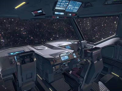 Game and Movie Characters in Sci Fi Cockpit with Control Panels and Starfield View 3d model