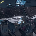 Game and Movie Characters in Sci Fi Cockpit with Control Panels and Starfield View