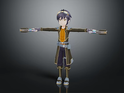 3D Game Movie Character With Short Hair Yellow Top Black Coat Outstretched Arms Waist Belt 3d model