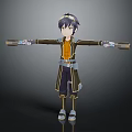 3D Game Movie Character With Short Hair Yellow Top Black Coat Outstretched Arms Waist Belt