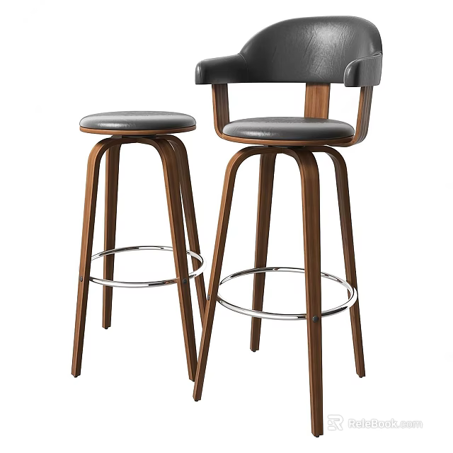 Stylish Modern Bar Stools With Wooden Frame Gray Upholstered Seat Curved Backrest And Metal Footrest 3d model 