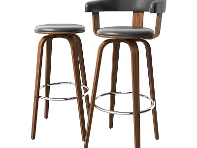 Stylish Modern Bar Stools With Wooden Frame Gray Upholstered Seat Curved Backrest And Metal Footrest 3d model