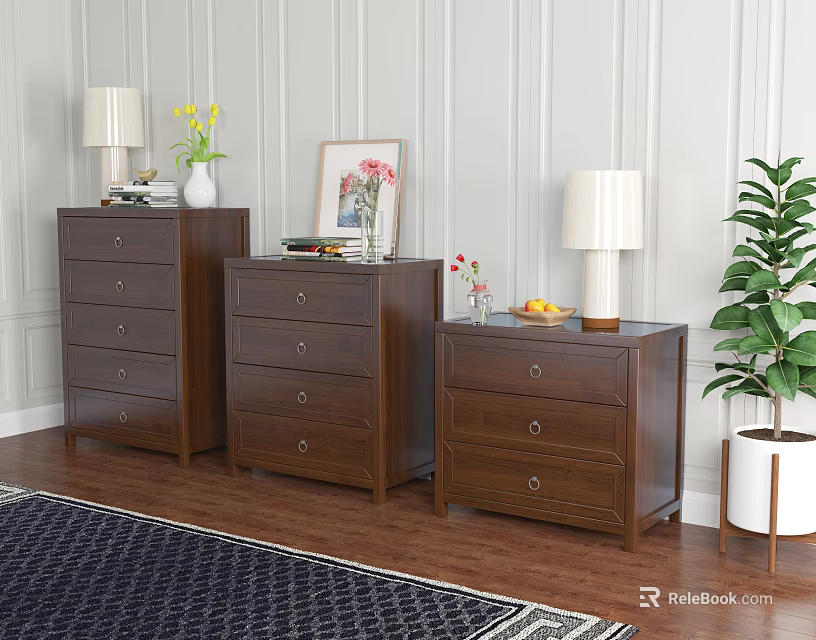 Three Wooden Chests of Drawers with Table Lamps Vases and Green Plant on Wooden Floor 3d model 