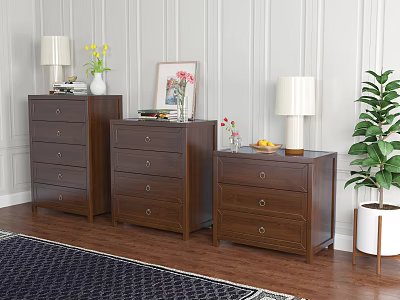 Three Wooden Chests of Drawers with Table Lamps Vases and Green Plant on Wooden Floor 3d model